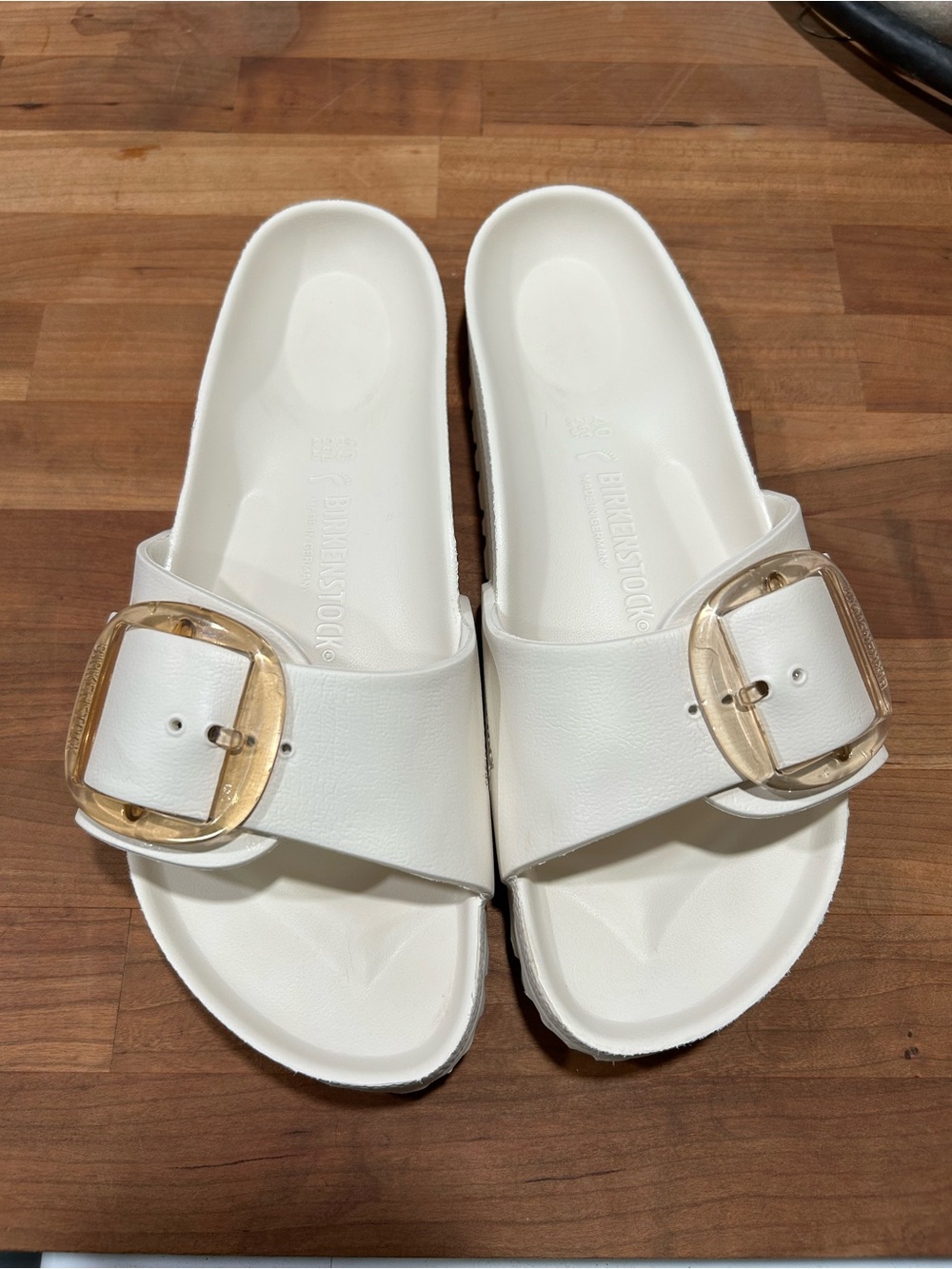Birkenstock White Sandals with Gold Buckles